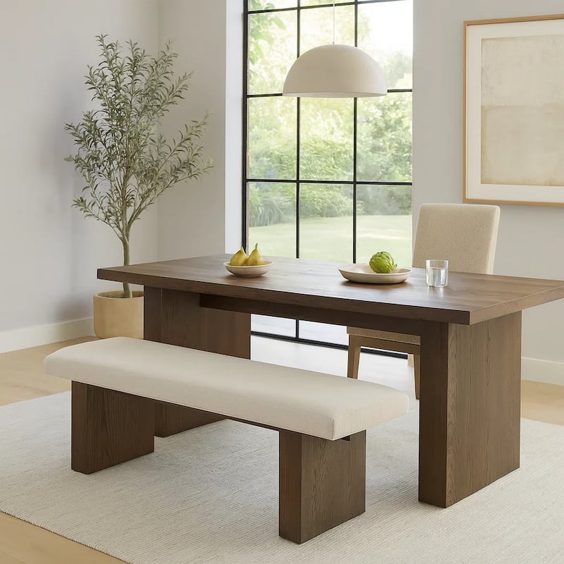 Lan 60 Inch Dining Bench, Upholstered, Panel Pedestal Base, Brown