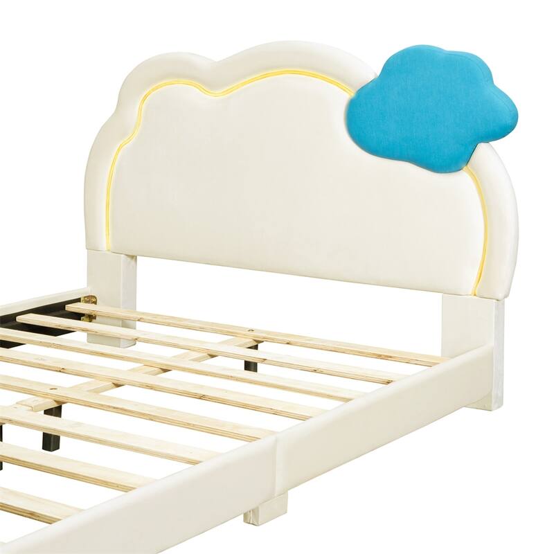 Platform Bed w/Cloud-Shaped Headboard&Embedded Light Stripe,Frame Ded