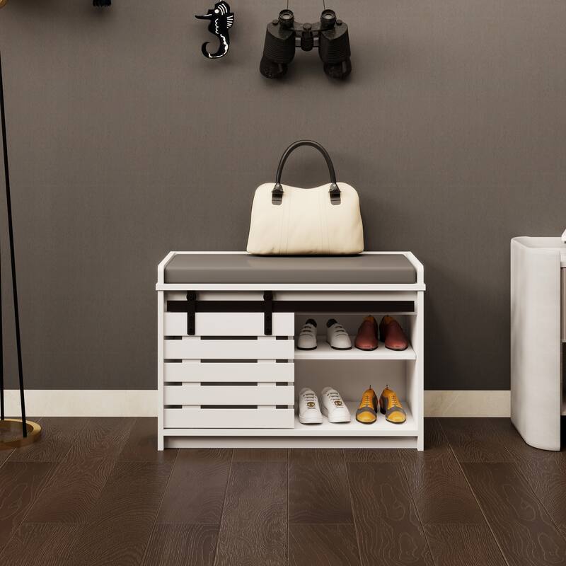 Shoe Storage Bench, 2-Tier Entryway Bench with Sliding Barn Door & 2 Adjustable Shelves & Full Soft Removable Seat Cushion