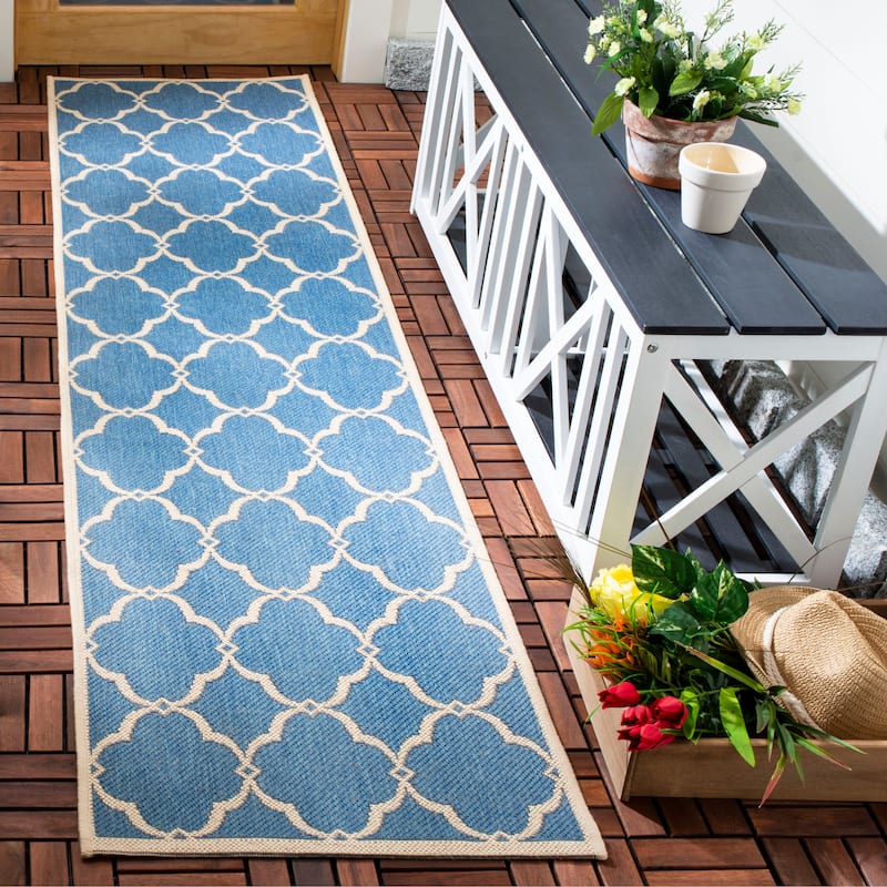 SAFAVIEH Beach House Caetana Indoor /Outdoor Waterproof Patio Backyard Rug - 2'2" x 12' Runner - Blue/Creme