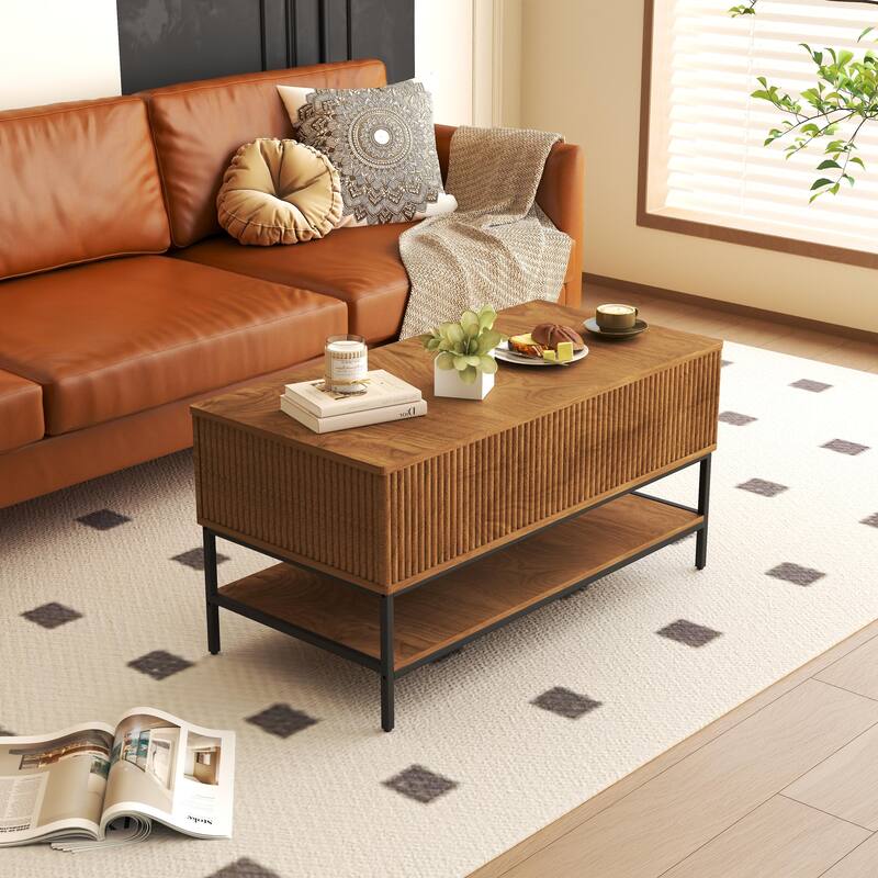 Lift Top Coffee Table 39.4 Inch Rectangle, Farmhouse Style with Hidden Storage & Lower Shelf, Sturdy Steel Legs