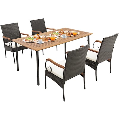 Costway 5PCS Patio Wicker Dining Set Armchairs Acacia Wood Table with - See Details