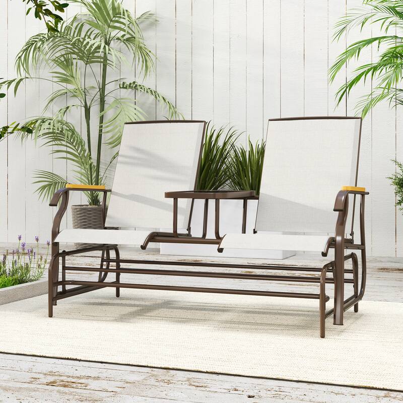Outsunny 2 Person Outdoor Glider Bench, Patio Swing Glider Chair Loveseat with Breathable Mesh, Table, Steel Frame