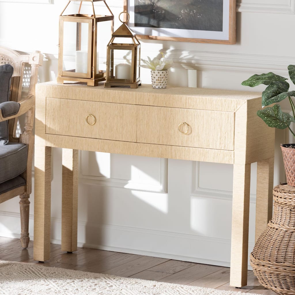 Noah Grasscloth 2-Drawer Console Table - Woven Texture Entryway Table with Gold Ring Pulls, Narrow Hallway or Living Room Accent