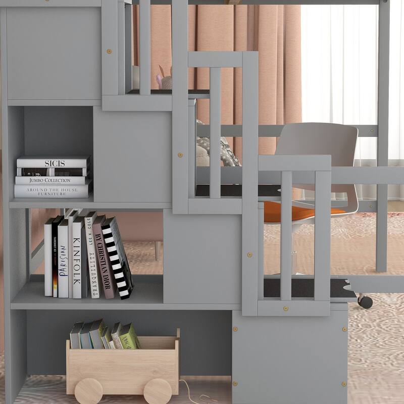 Full Size Loft Bed with Display Stand Desk Underneath, Wood High Loft Bed Frame with Storage Staircase and Storage Shelves