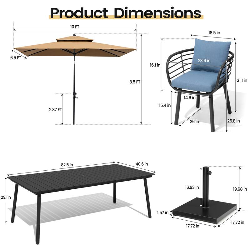 11PC Outdoor Patio Dining Set Aluminum Table with Sunbrella Cushion Chairs w/ Market Umbrella Sets