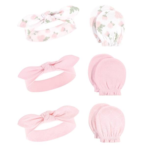 slide 1 of 1, Hudson Baby Infant Girl Cotton Headband and Scratch Mitten 6pc Set, Roses, 0-6 Months - Roses Roses - 0-6 Months