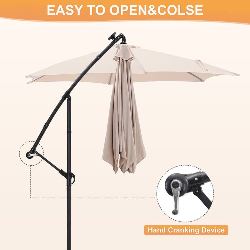 Autlaycil 10ft Offset Hanging Market Patio Umbrella With Base&Solar Lights