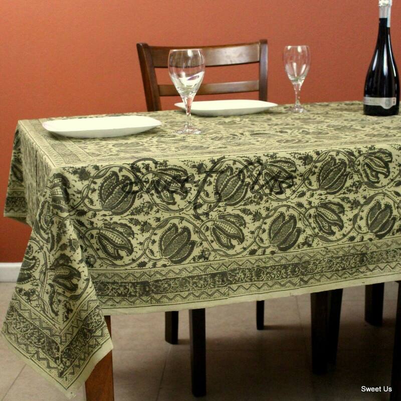 Cotton Vegetable Dye Block Print Rustic Vintage Floral Tablecloth