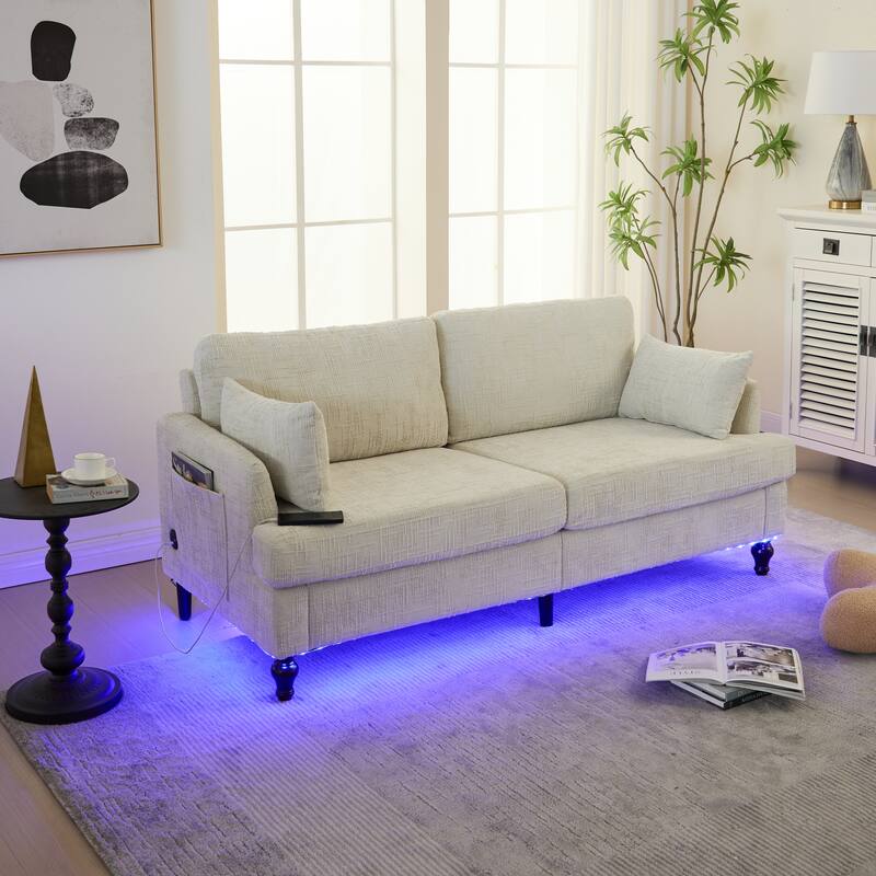 Multifunctional Sofa Couch Beige Loveseat with Lights & Side Pocket, 2-Seater Sofa Couch with Charging Port