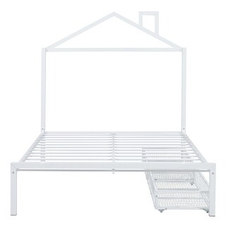 Metal Slats Bed Frame Platform Bed w/ Drawers & House-Shaped Headboard