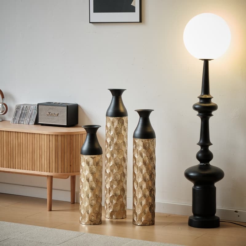 Set of 3 Glamorous Floor Vases, Gold & Black Textured Metal Cylinder Vases for Modern Home Decor (24.8", 29", 33.8" Heights)