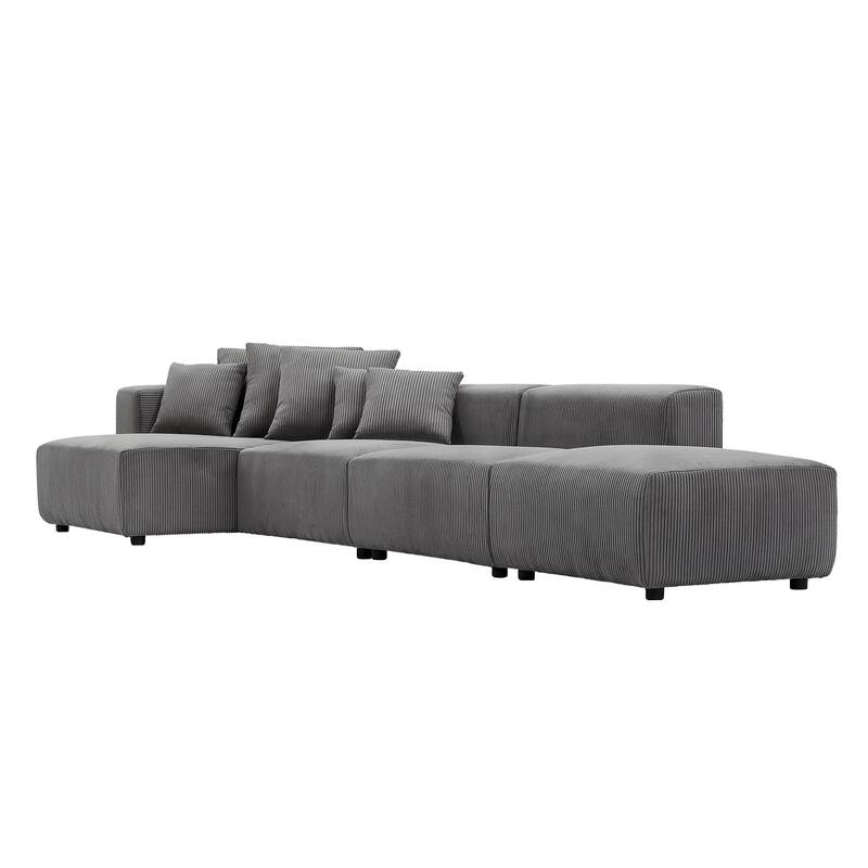Modular Soft Corduroy Sectional Sofa 4-Piece Set with Small L-Shaped Chaise and Ottoman & 4 Throw Pillows