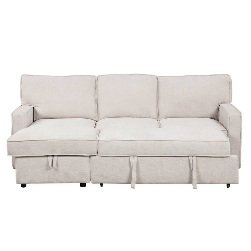 Upholstery Sleeper Sectional Sofa with Storage, USB Ports & Cup Holders, Convertible L-Shaped Couch with Chaise