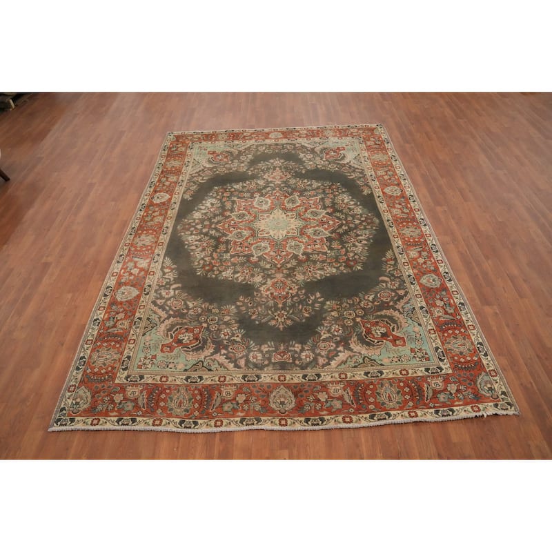 Hand Knotted Oriental 100% Wool Carpet Traditional Floral Greys & Charcoal Tabriz Area Rug - 10' 1'' X 7' 3''