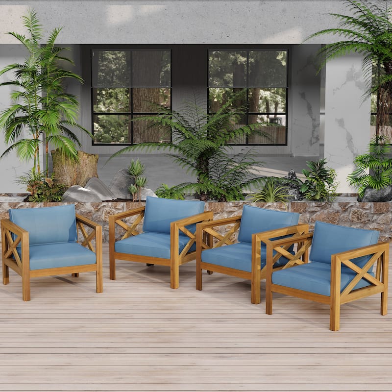 Outdoor Acacia Wood Club Wooden Armchair with Cushions (Set of 2), Conversation Set,Teak Finish,Dark Grey cushion