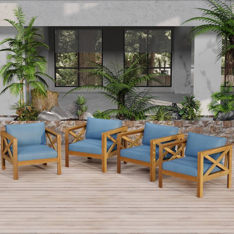 Outdoor Acacia Wood Club Wooden Armchair with Cushions ， Conversation Set,Teak Finish,Beige Cushion setof 4 - Blue