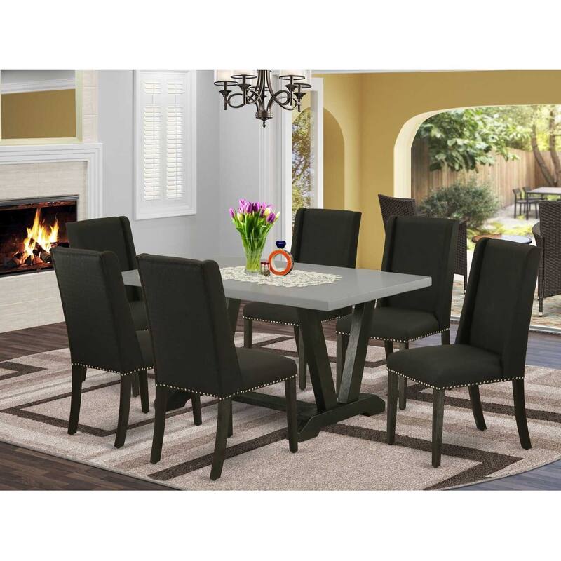 HomeStock 7-Pc Natural Oak Finish Solid Wood Top Dining Table with 6 Parson Chairs