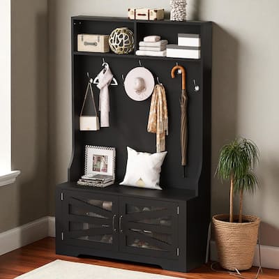 43.3" Hall Tree with Bench, 7 Hooks, Mesh-Door Cabinet, Adjustable Shelves, Entryway Coat Rack Organizer