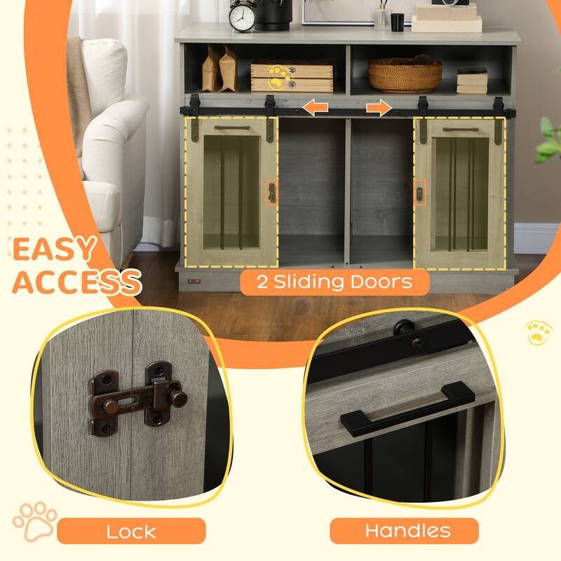 PawHut Dog Crate Furniture for Large Dogs or Double Dog Kennel for Small Dogs with Shelves, Sliding Doors - Gray