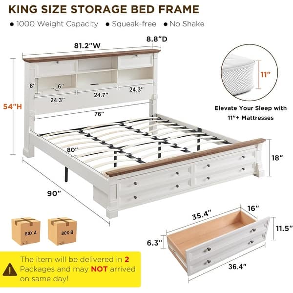 dimension image slide 2 of 10, Farmhouse Bed Frame with 54" Tall Storage Bookcase Headboard