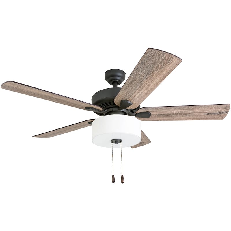 The Gray Barn Hatekin Farmhouse 52-inch Aged Bronze LED Ceiling Fan in Linen Drum Light in 3-speed Remote