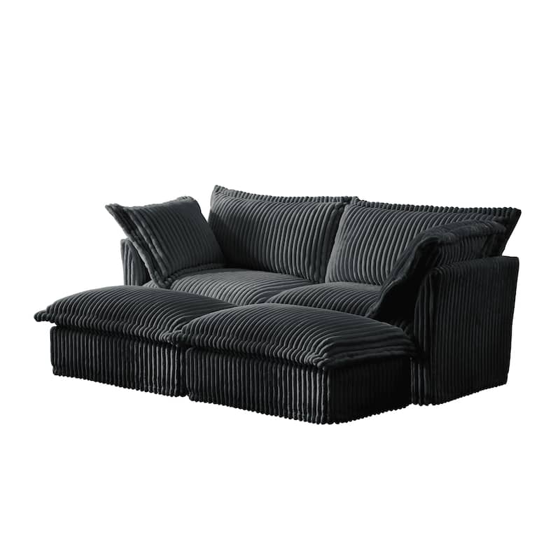Slipcovered Corduroy 2-Seater Sofa with 2 Ottomans