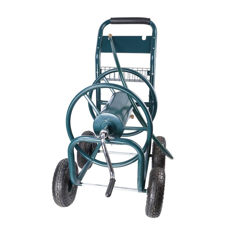 Heavy-Duty 4-Wheel Garden Hose Reel Cart - Portable with Storage Basket, Rust-Resistant