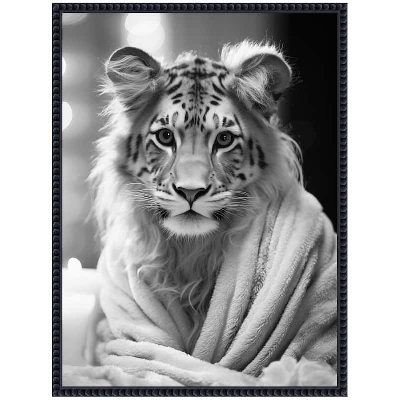 Kate and Laurel Sylvie Tiger Glam Bathroom Towel Robe Black and White Framed Canvas by The Creative Bunch Studio