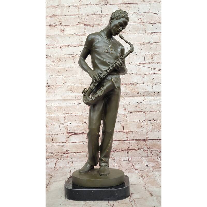 Bronze Jazz Musician Playing Saxophone On Marble Base