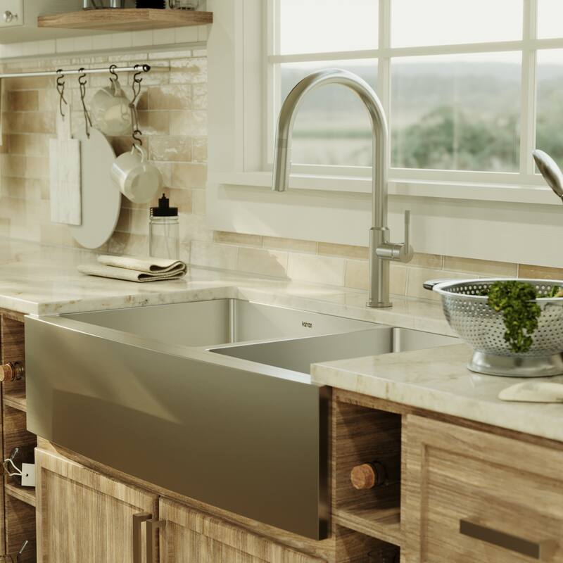 Karran 36" Undermount Double Bowl Stainless Steel Farmhouse Kitchen Sink Kit