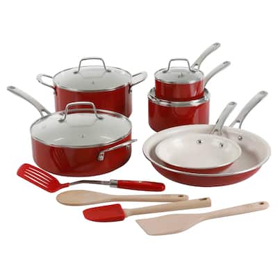 Martha Stewart Lockton Premium 14 Piece Ceramic Nonstick Aluminum Cookware Set in Red