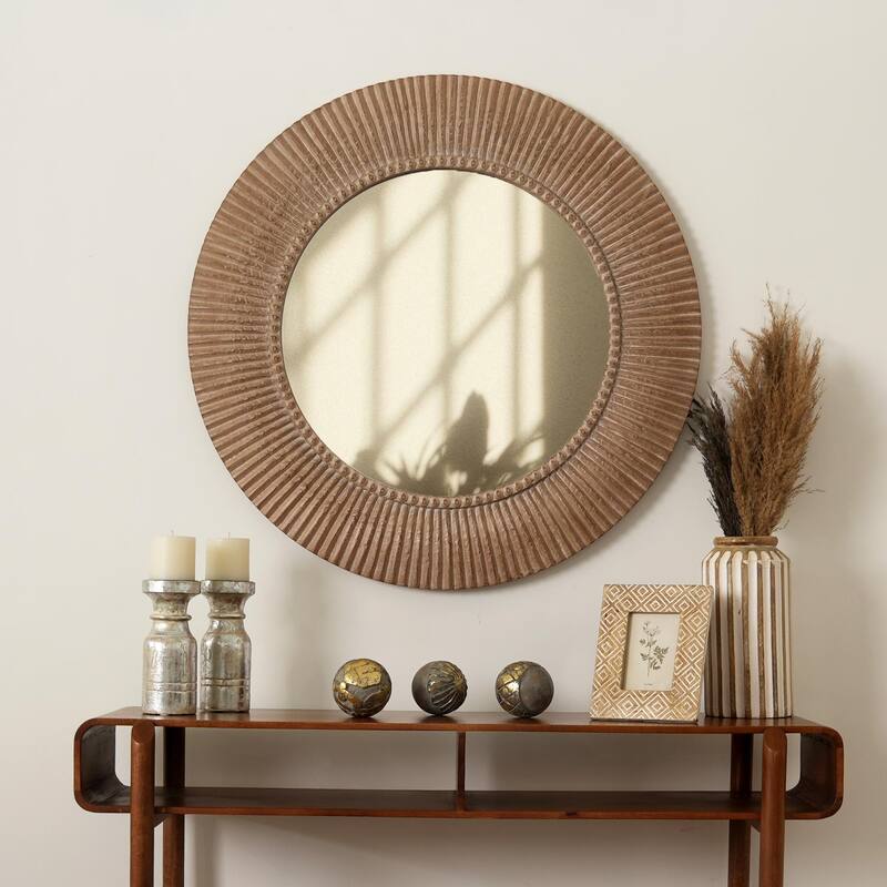 Rustic Farmhouse Handcarved Wooden Hanging Wall Mirror - Decorative Accent - Antique Brown+White