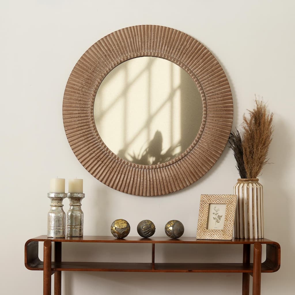 Rustic Farmhouse Handcarved Wooden Hanging Wall Mirror - Decorative Accent - Antique Brown+White