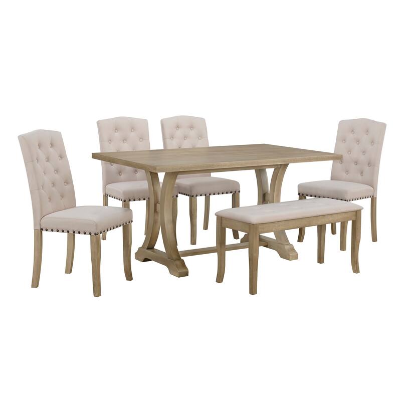6-Piece Farmhouse Dining Table Set, Rectangular Trestle Table and 4 Upholstered Chairs & Bench