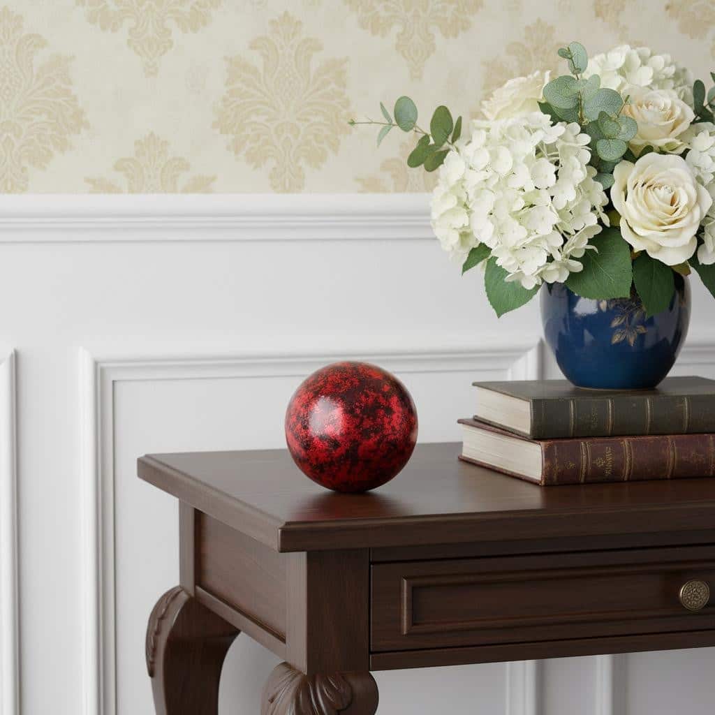 HomeRoots 6" Red Paper Hand Painted Orb Tabletop Sculpture - 6.00 in. x 6.00 in. x 6.00 in.