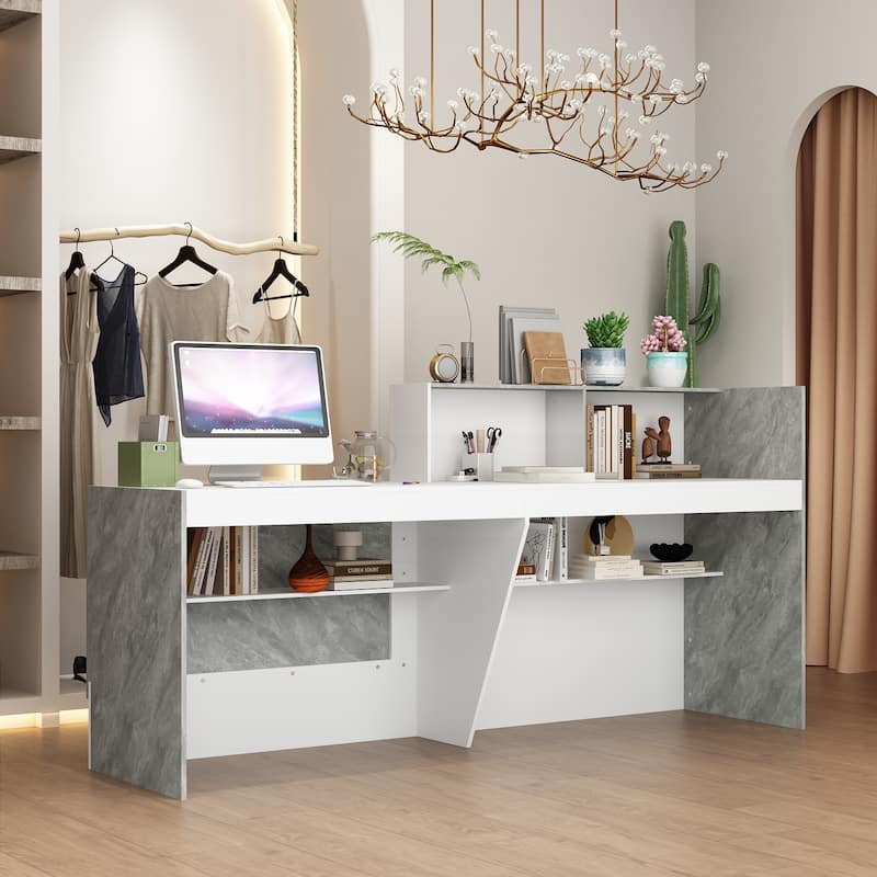 White and Marble Reception Desk with Spacious Work Surface and Shelving