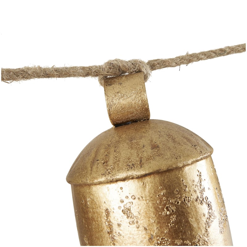 Metal Tibetan Inspired String Hanging Indoor Outdoor Decorative Cow Bells on Jute Hanging Rope - Gold - Roche River Decor