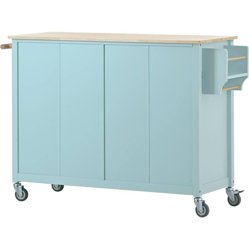 Kitchen Island Cart with Solid Wood Top and Locking Wheels, 4 Door Closed Kitchen Cabinet with Drawers and Storage Rack, Green