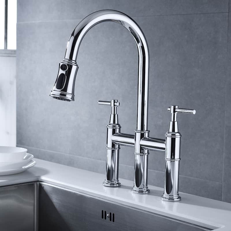 Chrome Bridge Kitchen Faucet with Pull-Down Sprayhead