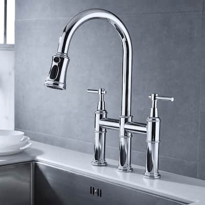 Chrome Bridge Kitchen Faucet with Pull-Down Sprayhead