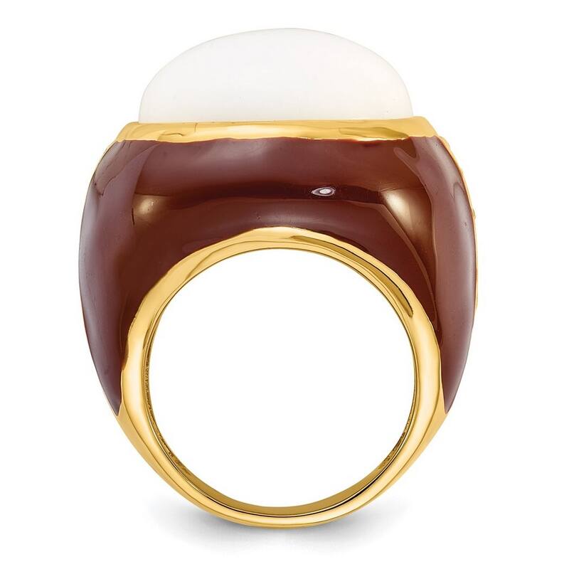 Curata Gold Plated 925 Sterling Silver Brn Enam Simulated Wht Agate and Cubic Zirconia Ring