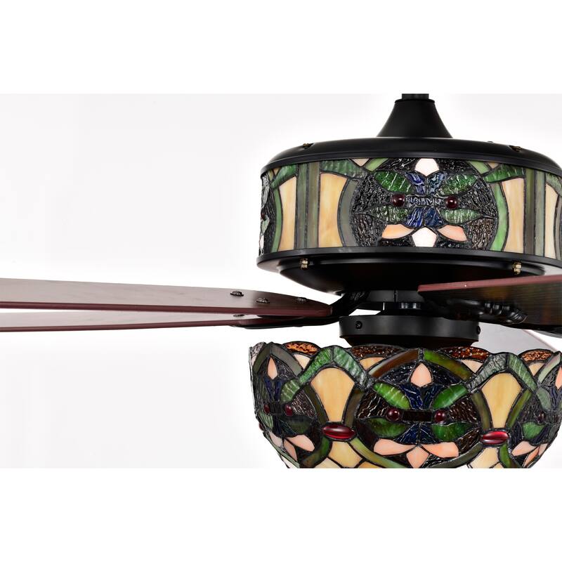 Parponk 52-Inch Flushmount Two-Tiered Lighted Ceiling Fan Green Hatch Tiffany Glass Lamp Black Finish