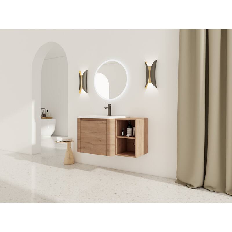 36'' Wall-Mounted Bathroom Vanity with White Ceramic Sink and Storage Shelves & 1-Soft-Close Door, KD-Packing, Plywood