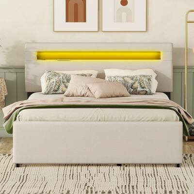 Queen Size Platform Bed with Twin Size Trundle and 2-Drawers, Upholstered Bed Frame with LED and USB Charging, Beige