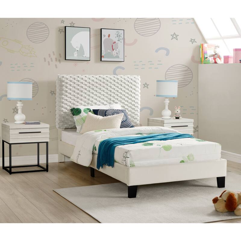 Findlay 3-Piece Bedroom Set, Plush 3D Upholstered Bed with Two Nightstands, Twin - Off White