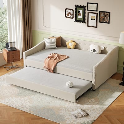 Full Size Daybed with Twin Size Trundle Upholstered Tufted Sofa Bed, with Button on Back and Copper Nail on Waved Shape Arms