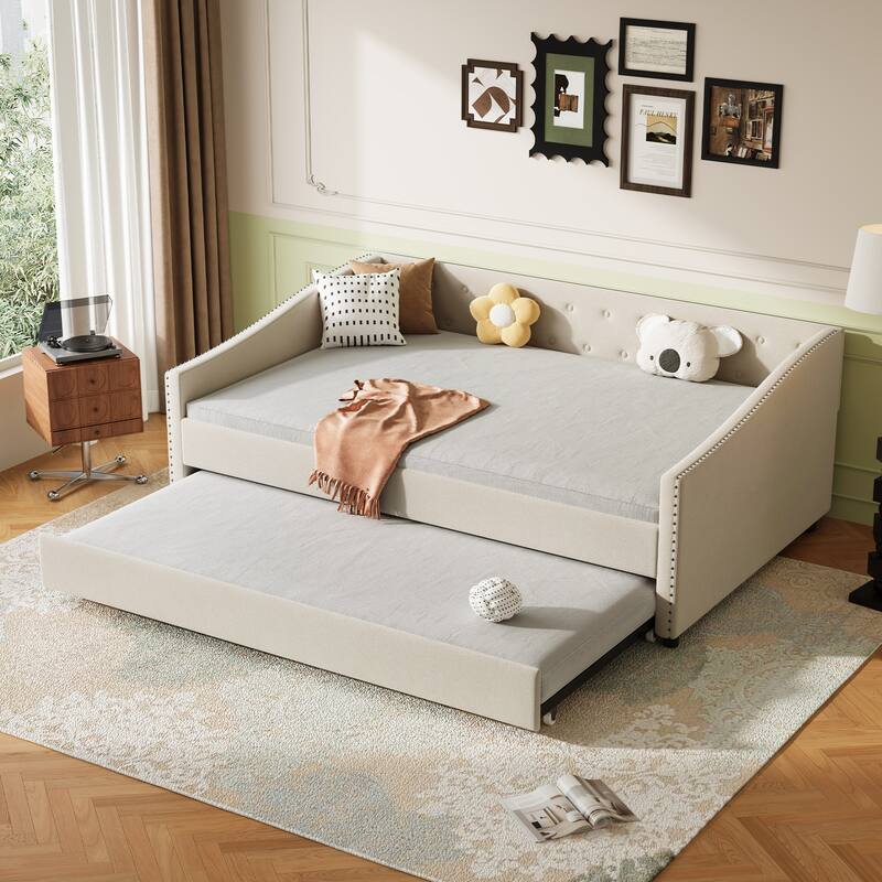 Linen Tufted Daybed with Trundle, Upholstered Platform Sofa Bed Frame, Wooden Slat Support