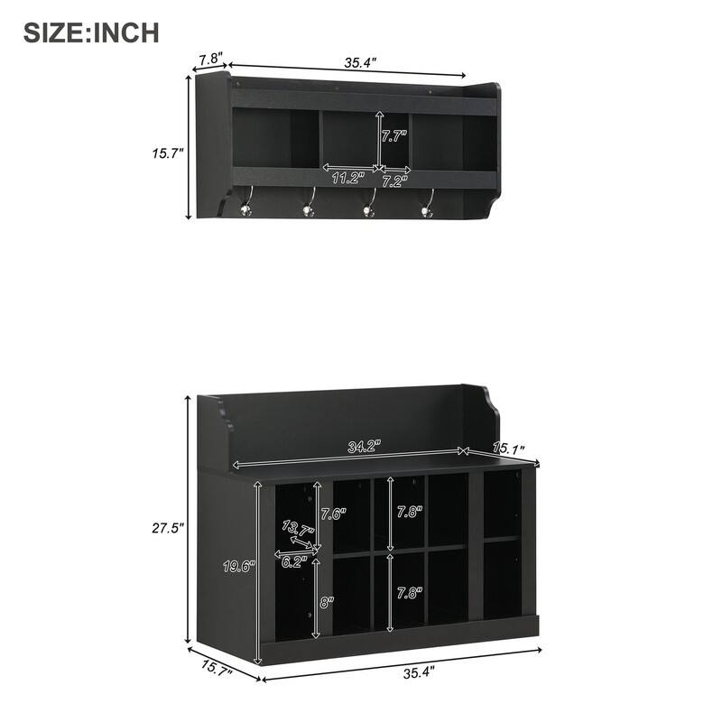 Entryway Wood Storage Bench with Shoe Storage,Wall Mounted Hall Tree with Coat Rack and Shelves
