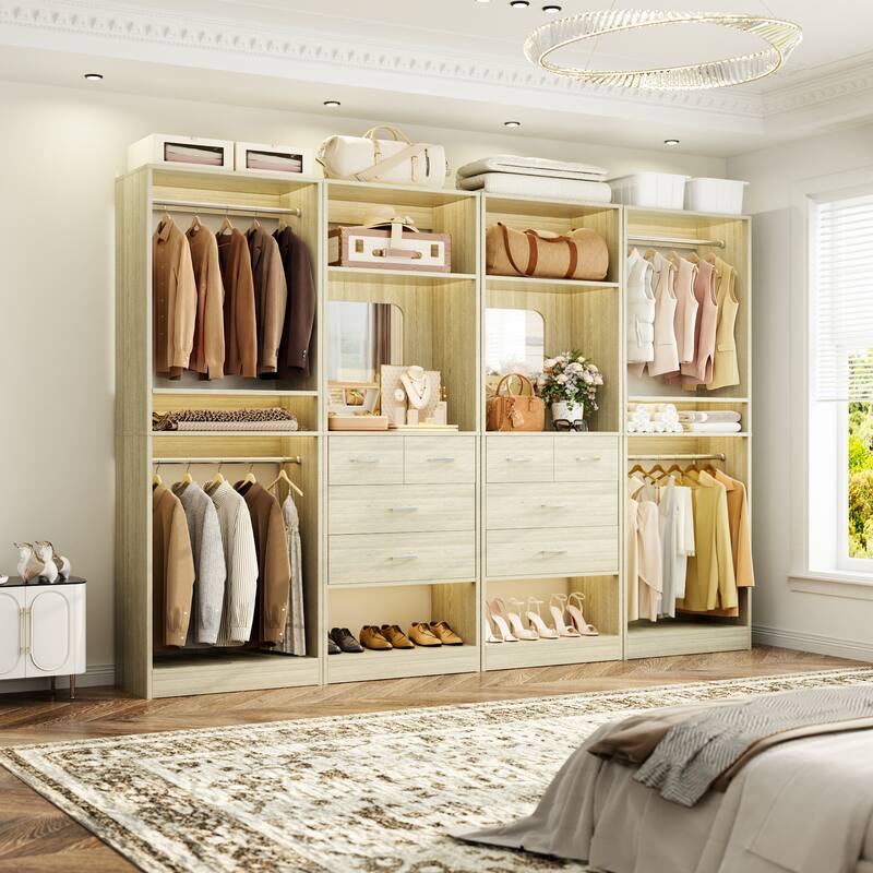 Set of 4 Closet System with 4 Drawer and Hanging Rods, Freestanding Closet Organizer with Storage Shelves
